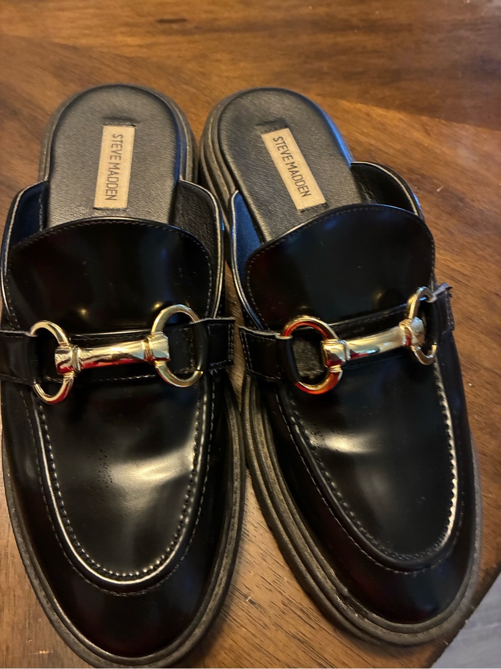 Steve Madden Black Platform Mule Loafers Gold Bit Size 9